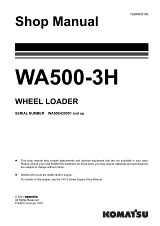 KOMATSU WA500-3H WHEEL LOADER Service Repair Manual SN：20051 and up