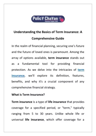 Understanding the Basics of Term Insurance: A Comprehensive Guide