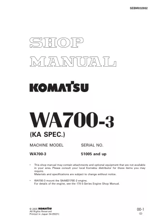 Komatsu WA700-3 Wheel Loader Service Repair Manual SN：51005 and up