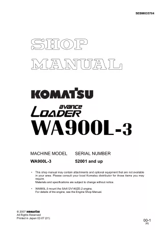Komatsu WA900L-3 Wheel Loader Service Repair Manual SN：52001 and up