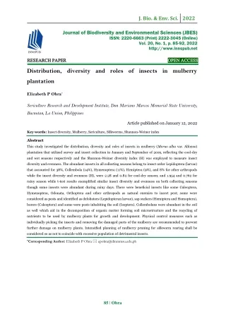 Distribution, diversity and roles of insects in mulberry plantation