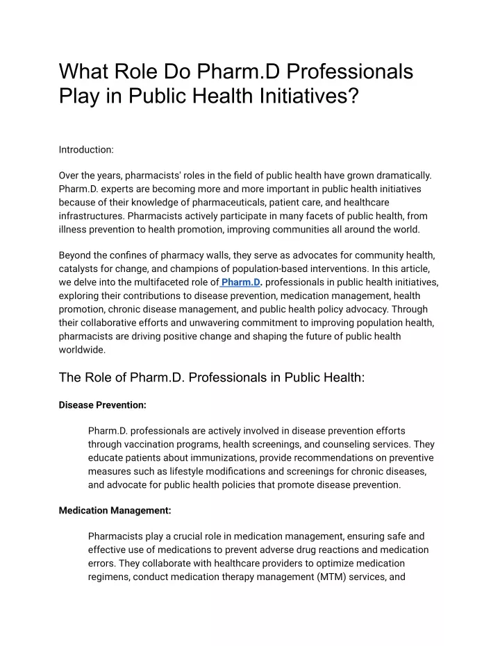 what role do pharm d professionals play in public