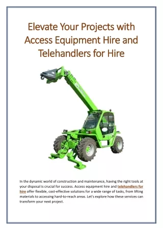 Elevate Your Projects with Access Equipment Hire and Telehandlers for Hire