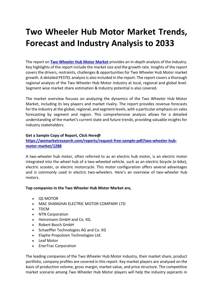 two wheeler hub motor market trends forecast