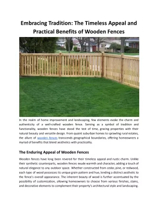 Embracing Tradition: The Timeless Appeal and Practical Benefits of Wooden Fences