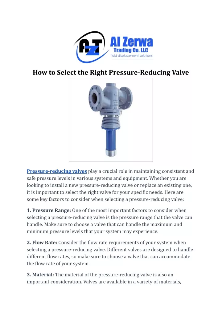 how to select the right pressure reducing valve
