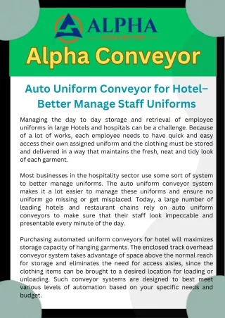 Auto Uniform Conveyor for Hotel– Better Manage Staff Uniforms