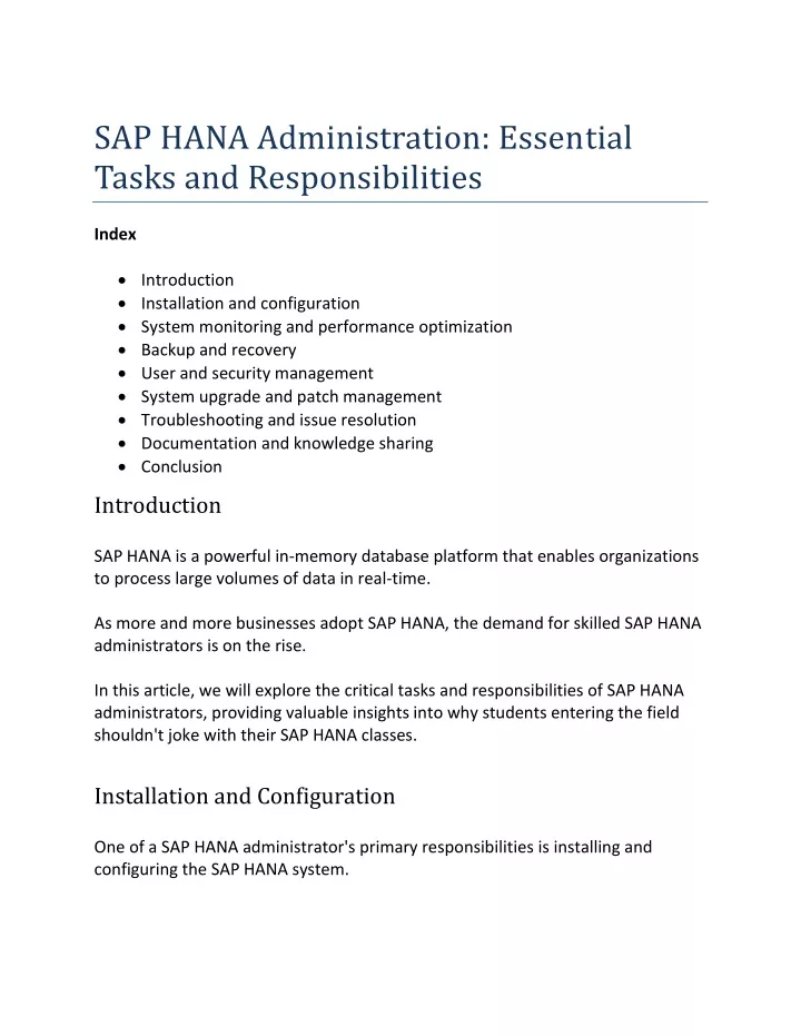 sap hana administration essential tasks