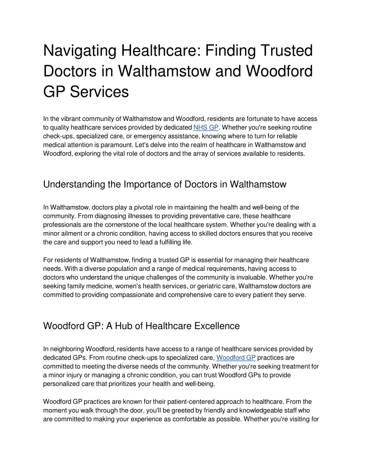 navigating healthcare finding trusted doctors in walthamstow and woodford gp services