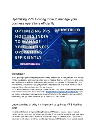 Optimizing VPS Hosting India to manage your business operations efficiently