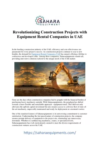 Streamline Your Operations with Equipment Rental Companies in UAE