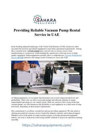 Streamline Your Operations with Vacuum Pump Rental Services in UAE