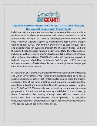 Disability Personal Grants Are Offered To Assist In Enhancing The Lives Of People With Impairments