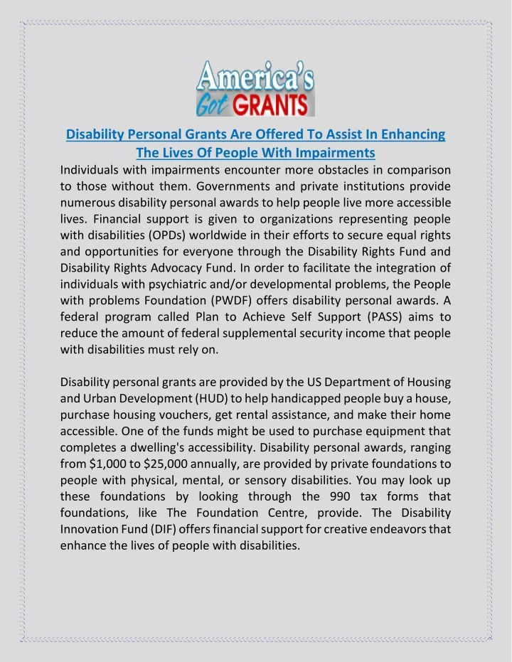 disability personal grants are offered to assist