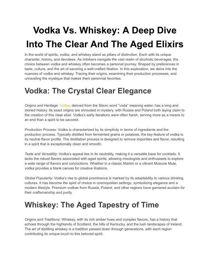 PPT - Vodka Vs. Whiskey: A Deep Dive Into The Clear And The Aged Elixirs  PowerPoint Presentation - ID:13028838