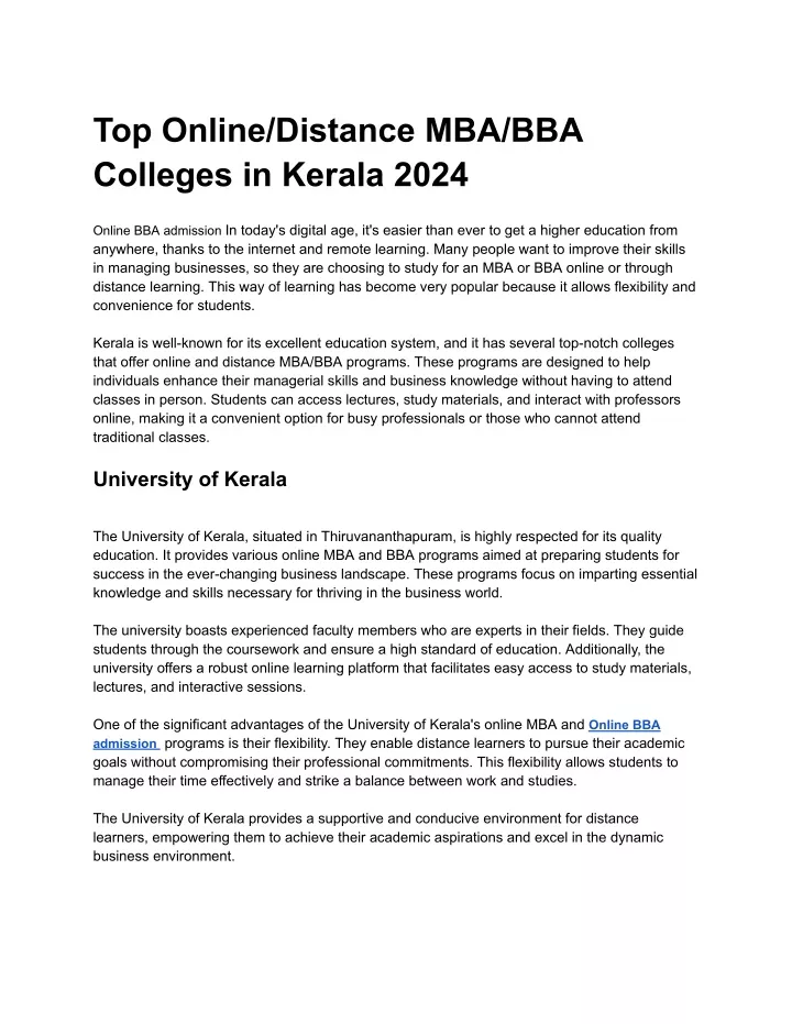 top online distance mba bba colleges in kerala