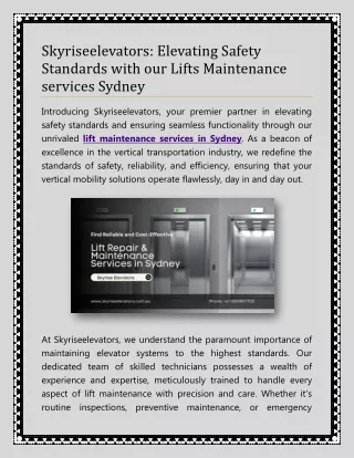 Skyriseelevators Elevating Safety Standards with our Lifts Maintenance services Sydney