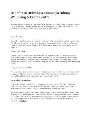 Benefits of Utilizing a Chinmaya Nikunj – Wellbeing & Event Centre.