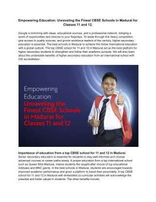 Empowering Education Unraveling the Finest CBSE Schools in Madurai for Classes 11 and 12