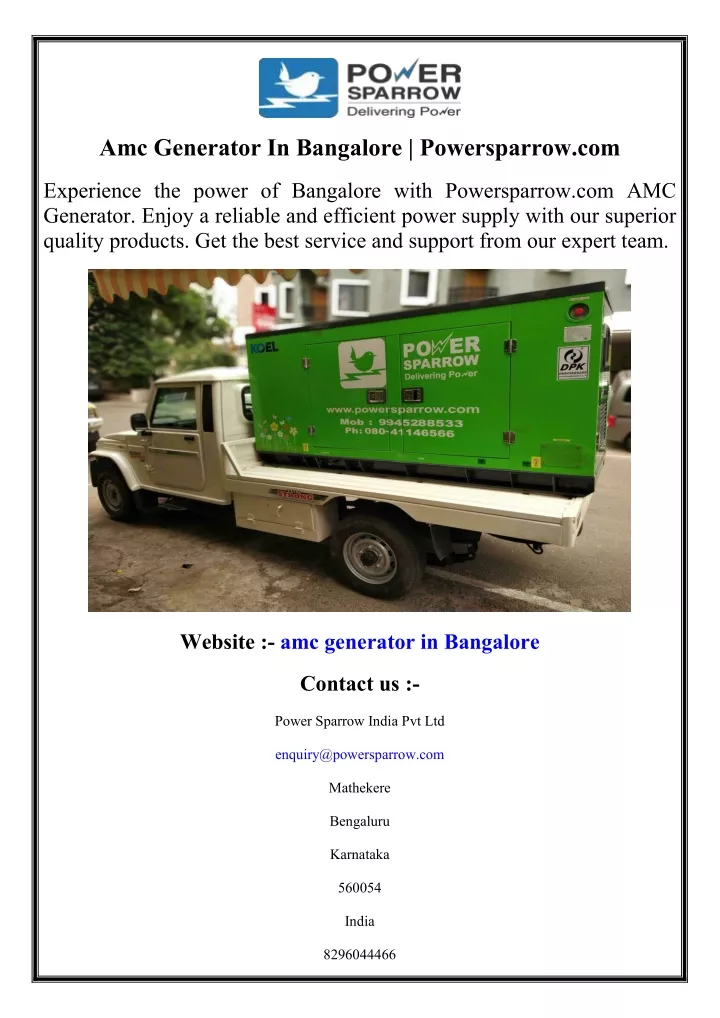 amc generator in bangalore powersparrow com
