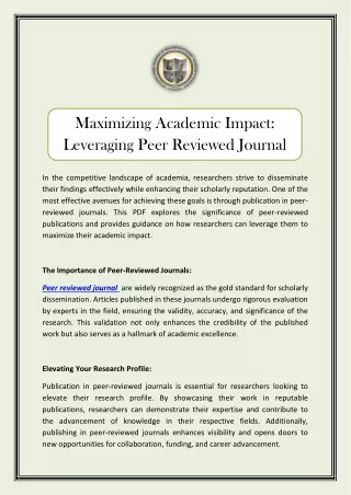 Maximizing Academic Impact: Leveraging Peer Reviewed Journal