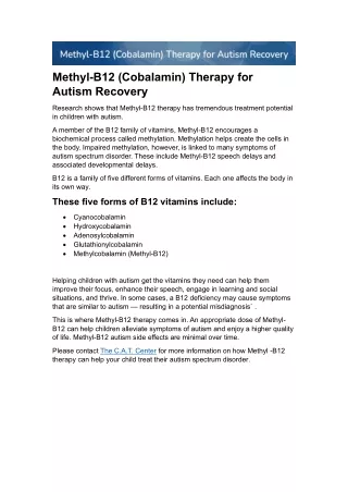 Methyl-B12 (Cobalamin) Therapy for Autism Recovery