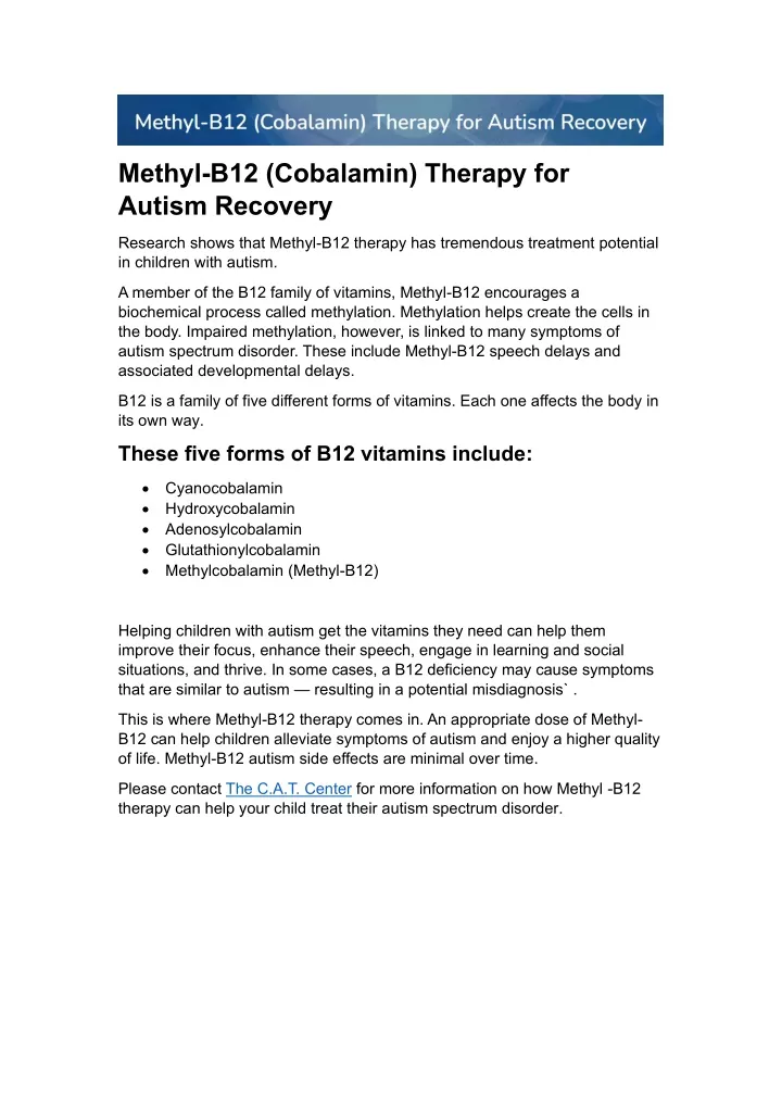 methyl b12 cobalamin therapy for autism recovery