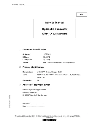 LIEBHERR A918-1178 Standard Hydraulic Excavator Service Repair Manual SN：57383 and up