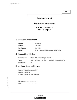 LIEBHERR A918-1192 Compact Hydraulic Excavator Service Repair Manual