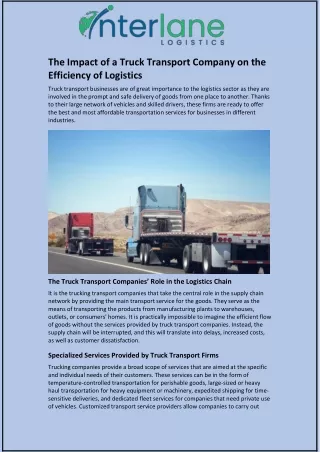 The Impact of a Truck Transport Company on the Efficiency of Logistics