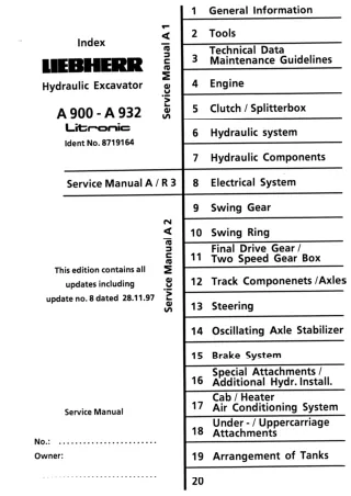 Liebherr A922 Litronic Hydraulic Excavator Service Repair Manual SN：101 and up
