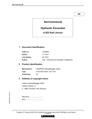 LIEBHERR A922 Rail Litronic Hydraulic Excavator Service Repair Manual