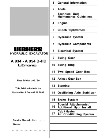 Liebherr A954HD Litronic Hydraulic Excavator Service Repair Manual SN：101 and up