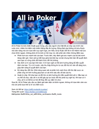 Tối Ưu Hóa Cơ Hội Chiến Thắng Với All In Poker Tại W88 Moda