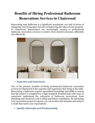 Benefits of Hiring Professional Bathroom Renovations Services in Chatswood