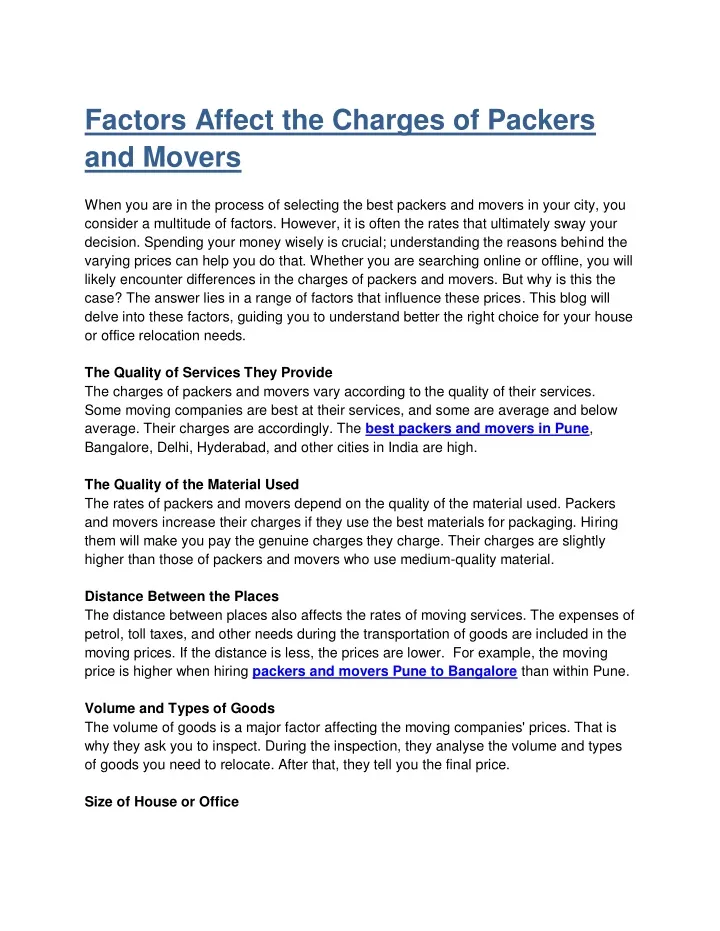 factors affect the charges of packers and movers