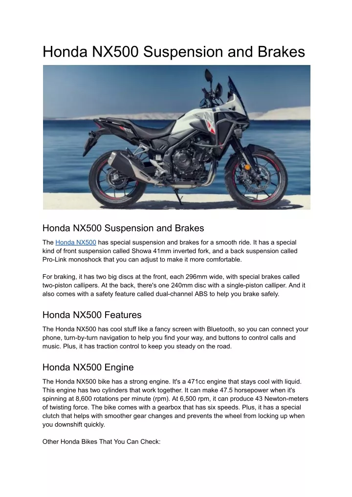 honda nx500 suspension and brakes