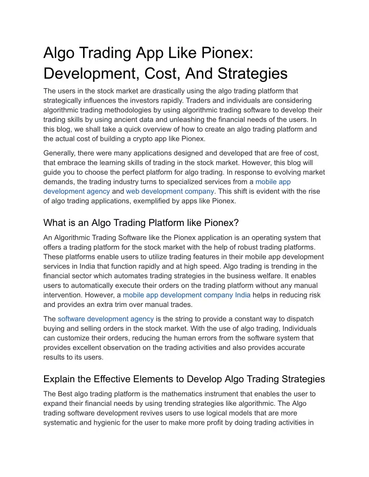 algo trading app like pionex development cost