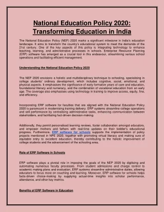 National Education Policy 2020: Transforming Education in India