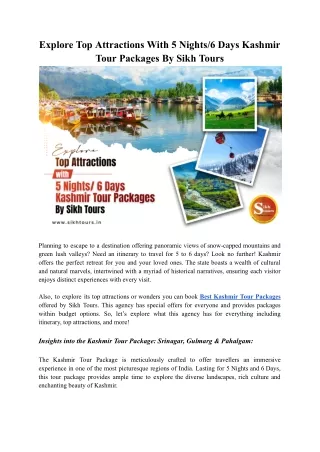 Explore Top Attractions With 5 Nights 6 Days Kashmir Tour Packages By Sikh Tours