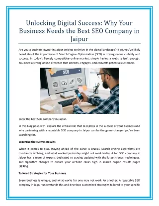 Unlocking Digital SuccessUnlocking Digital Success Why Your Business Needs the Best SEO Company in Jaipur