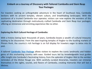 Embark on a Journey of Discovery with Tailored Cambodia and Siem Reap Tour Packages