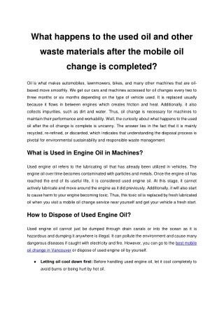 What happens to the used oil and other waste materials after the mobile oil change is completed