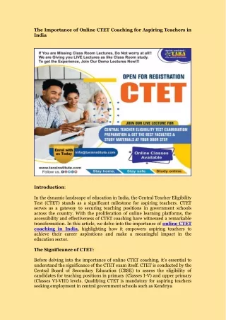 The Importance of Online CTET Coaching for Aspiring Teachers in India
