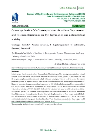Green synthesis of CuO nanoparticles via Allium Cepa extract and its characteriz