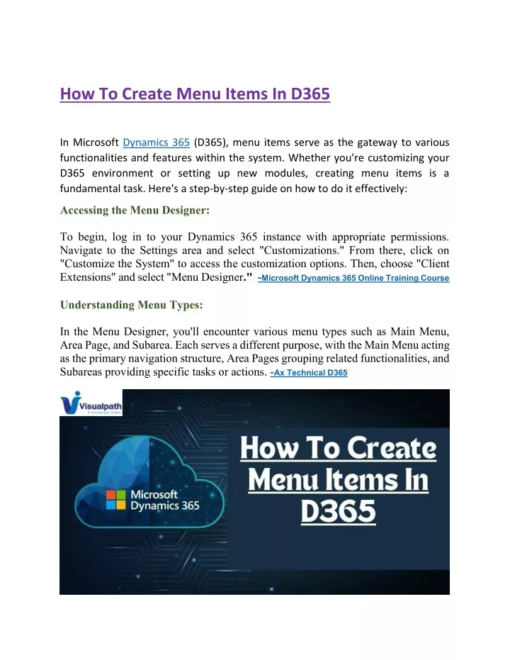 how to create menu items in d365