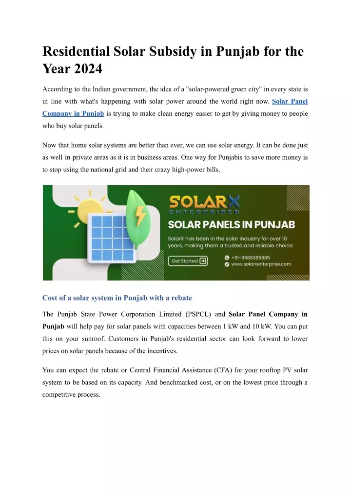 residential solar subsidy in punjab for the year