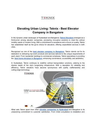 Elevating Urban Living -Teknix - Best Elevator Company in Bangalore