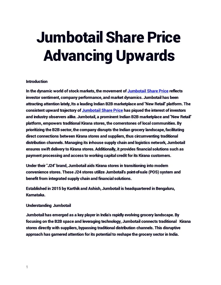 jumbotail share price advancing upwards