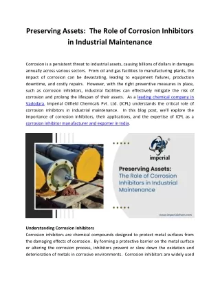 Preserving Assets:  The Role of Corrosion Inhibitors in Industrial Maintenance